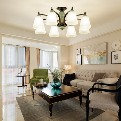 Zeitgenössische skandinavische Eisen-Keramik-Zweig-Kegel 3/6/8/10-Licht Semi-Flush-Mount-Beleuchtung für Schlafzimmer 