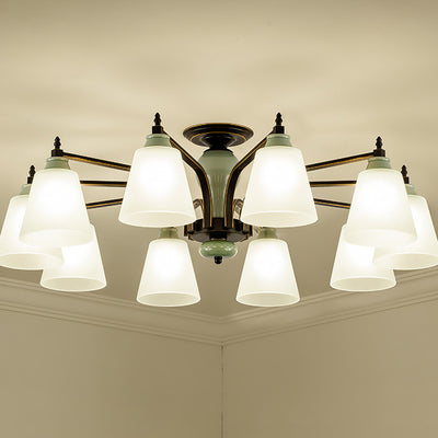 Zeitgenössische skandinavische Eisen-Keramik-Zweig-Kegel 3/6/8/10-Licht Semi-Flush-Mount-Beleuchtung für Schlafzimmer 