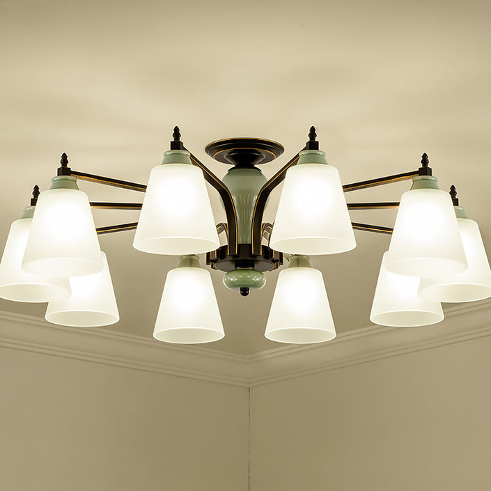 Zeitgenössische skandinavische Eisen-Keramik-Zweig-Kegel 3/6/8/10-Licht Semi-Flush-Mount-Beleuchtung für Schlafzimmer 