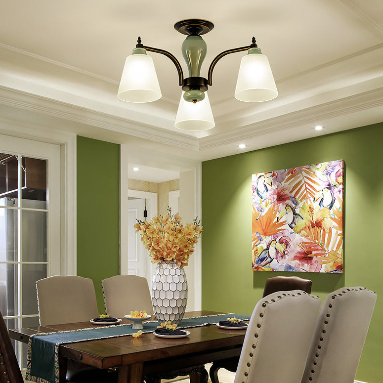 Zeitgenössische skandinavische Eisen-Keramik-Zweig-Kegel 3/6/8/10-Licht Semi-Flush-Mount-Beleuchtung für Schlafzimmer 