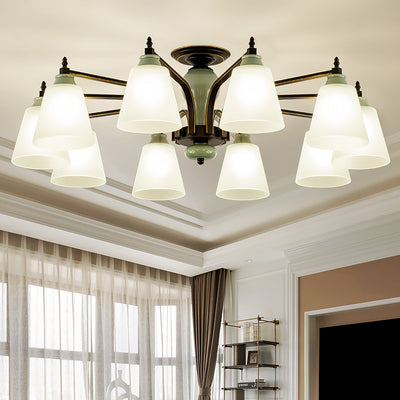 Zeitgenössische skandinavische Eisen-Keramik-Zweig-Kegel 3/6/8/10-Licht Semi-Flush-Mount-Beleuchtung für Schlafzimmer 