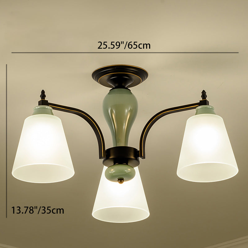 Zeitgenössische skandinavische Eisen-Keramik-Zweig-Kegel 3/6/8/10-Licht Semi-Flush-Mount-Beleuchtung für Schlafzimmer 