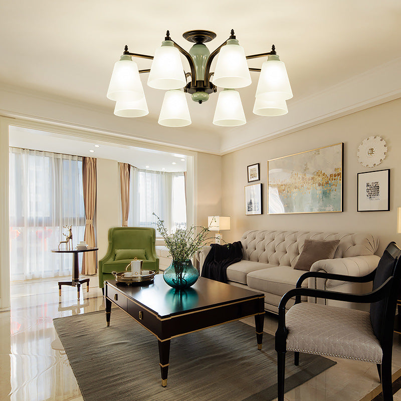 Zeitgenössische skandinavische Eisen-Keramik-Zweig-Kegel 3/6/8/10-Licht Semi-Flush-Mount-Beleuchtung für Schlafzimmer 