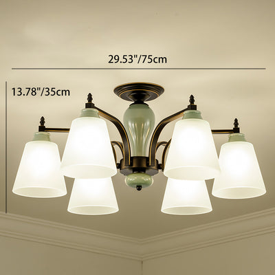 Zeitgenössische skandinavische Eisen-Keramik-Zweig-Kegel 3/6/8/10-Licht Semi-Flush-Mount-Beleuchtung für Schlafzimmer 