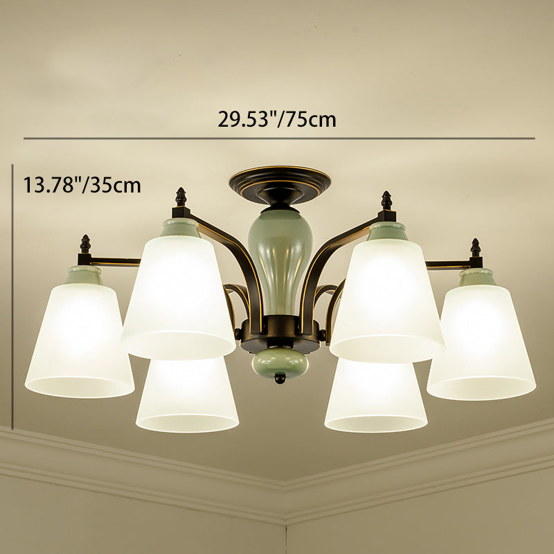 Zeitgenössische skandinavische Eisen-Keramik-Zweig-Kegel 3/6/8/10-Licht Semi-Flush-Mount-Beleuchtung für Schlafzimmer 