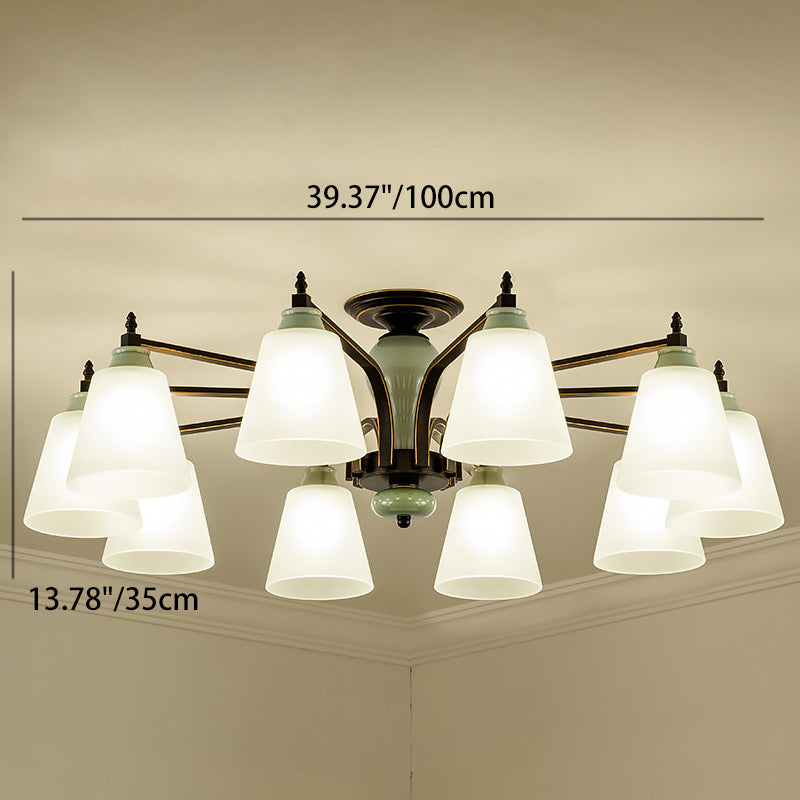 Zeitgenössische skandinavische Eisen-Keramik-Zweig-Kegel 3/6/8/10-Licht Semi-Flush-Mount-Beleuchtung für Schlafzimmer 