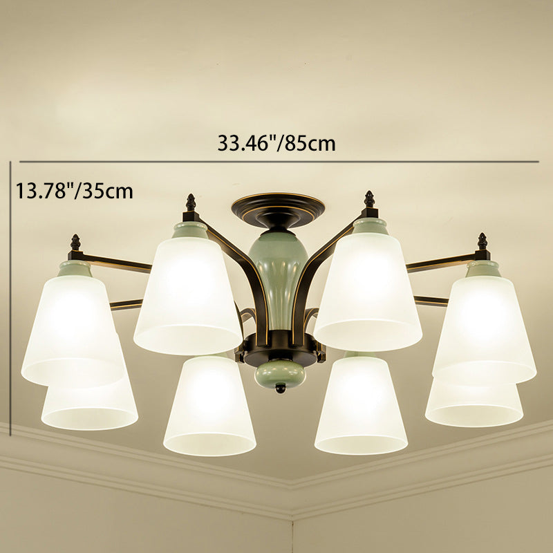 Zeitgenössische skandinavische Eisen-Keramik-Zweig-Kegel 3/6/8/10-Licht Semi-Flush-Mount-Beleuchtung für Schlafzimmer 