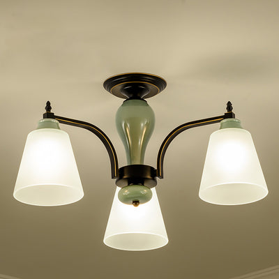 Zeitgenössische skandinavische Eisen-Keramik-Zweig-Kegel 3/6/8/10-Licht Semi-Flush-Mount-Beleuchtung für Schlafzimmer 