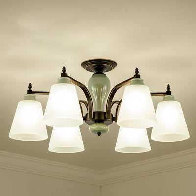 Zeitgenössische skandinavische Eisen-Keramik-Zweig-Kegel 3/6/8/10-Licht Semi-Flush-Mount-Beleuchtung für Schlafzimmer 