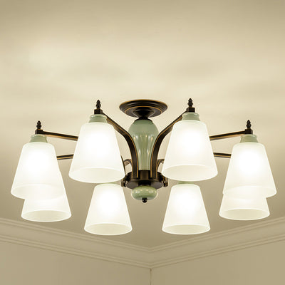 Zeitgenössische skandinavische Eisen-Keramik-Zweig-Kegel 3/6/8/10-Licht Semi-Flush-Mount-Beleuchtung für Schlafzimmer 