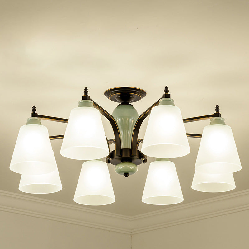 Zeitgenössische skandinavische Eisen-Keramik-Zweig-Kegel 3/6/8/10-Licht Semi-Flush-Mount-Beleuchtung für Schlafzimmer 