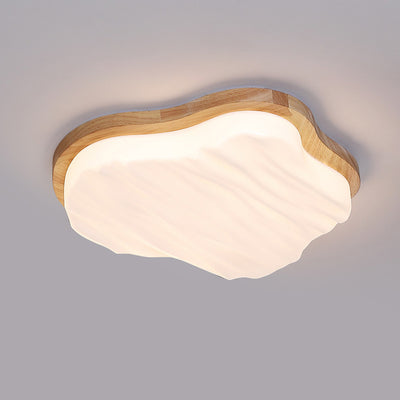 Traditional Chinese Rubberwood Acrylic Cloud Wave LED Flush Mount Ceiling Light For Living Room & Bedroom