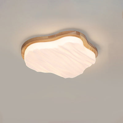 Traditional Chinese Rubberwood Acrylic Cloud Wave LED Flush Mount Ceiling Light For Living Room & Bedroom