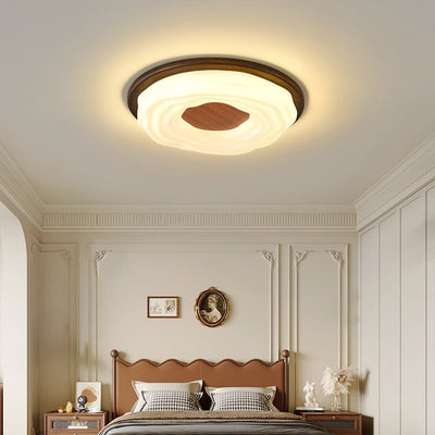 Contemporary Creative Solid Wood Iron Acrylic Cookie Round LED Flush Mount Ceiling Light For Bedroom