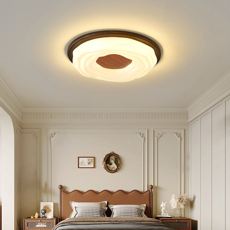 Contemporary Creative Solid Wood Iron Acrylic Cookie Round LED Flush Mount Ceiling Light For Bedroom