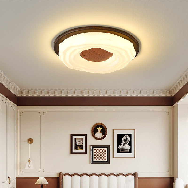 Contemporary Creative Solid Wood Iron Acrylic Cookie Round LED Flush Mount Ceiling Light For Bedroom