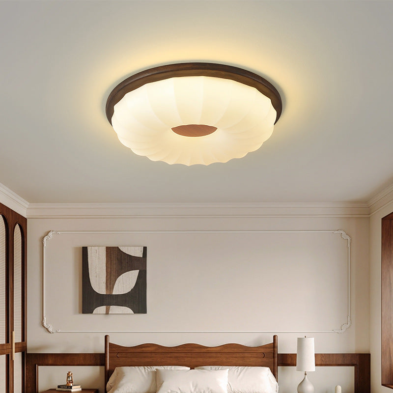 Contemporary Creative Solid Wood Iron Acrylic Cookie Round LED Flush Mount Ceiling Light For Bedroom