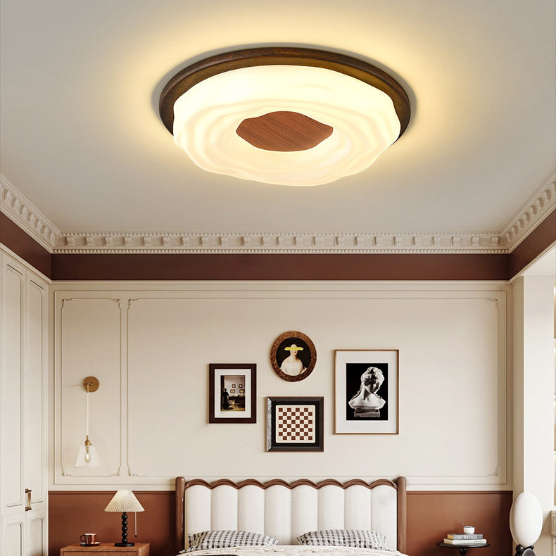 Contemporary Creative Solid Wood Iron Acrylic Cookie Round LED Flush Mount Ceiling Light For Bedroom
