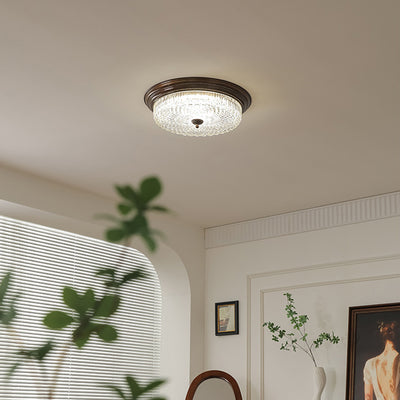 Traditional French Glass Iron Textured Round LED Flush Mount Ceiling Light For Bedroom