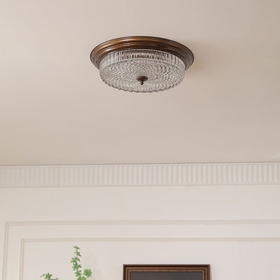 Traditional French Glass Iron Textured Round LED Flush Mount Ceiling Light For Bedroom
