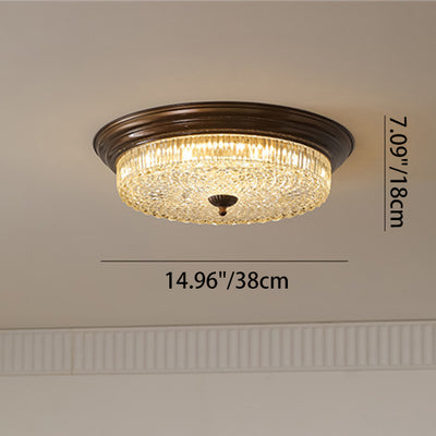 Traditional French Glass Iron Textured Round LED Flush Mount Ceiling Light For Bedroom