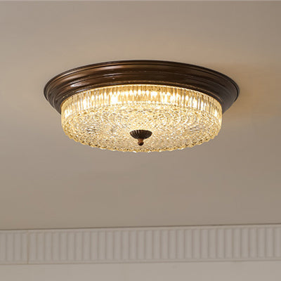 Traditional French Glass Iron Textured Round LED Flush Mount Ceiling Light For Bedroom