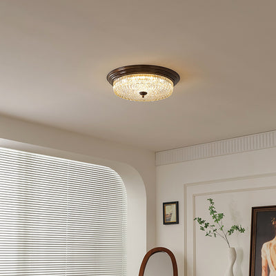 Traditional French Glass Iron Textured Round LED Flush Mount Ceiling Light For Bedroom