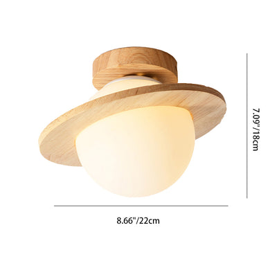 Traditional Japanese Glass Wood Planet Round 1-Light Semi-Flush Mount Lighting For Living Room