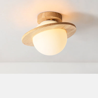 Traditional Japanese Glass Wood Planet Round 1-Light Semi-Flush Mount Lighting For Living Room