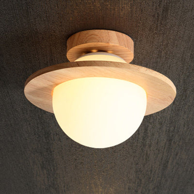 Traditional Japanese Glass Wood Planet Round 1-Light Semi-Flush Mount Lighting For Living Room