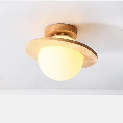 Traditional Japanese Glass Wood Planet Round 1-Light Semi-Flush Mount Lighting For Living Room
