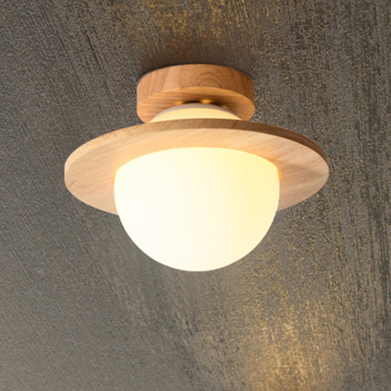 Traditional Japanese Glass Wood Planet Round 1-Light Semi-Flush Mount Lighting For Living Room