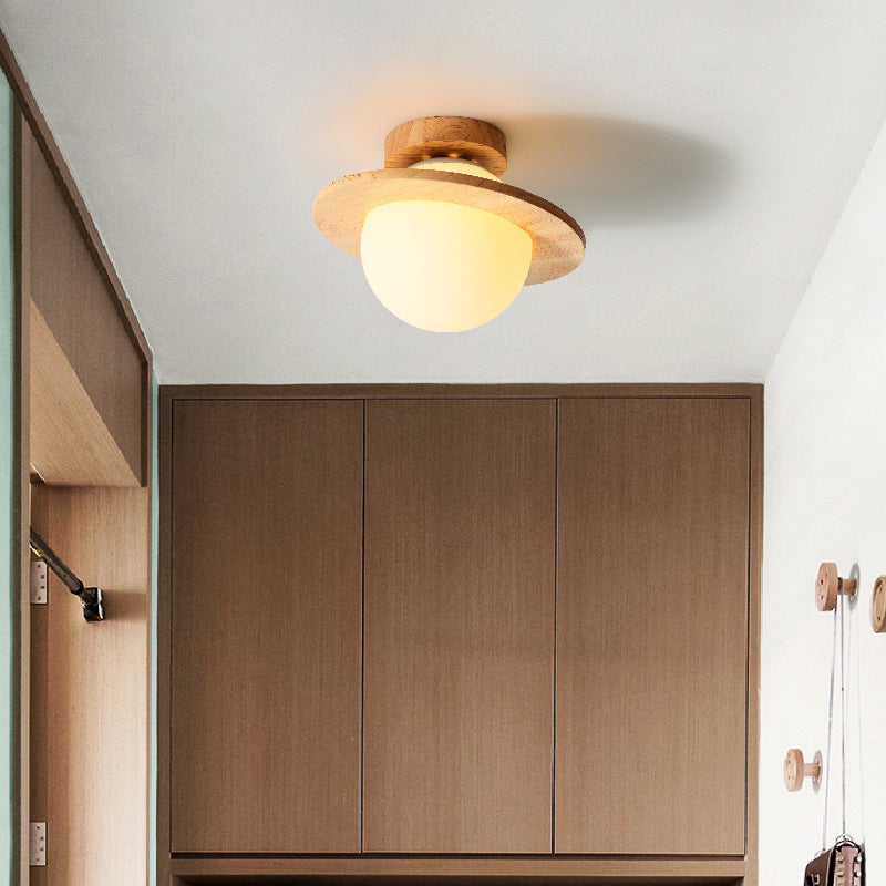 Traditional Japanese Glass Wood Planet Round 1-Light Semi-Flush Mount Lighting For Living Room