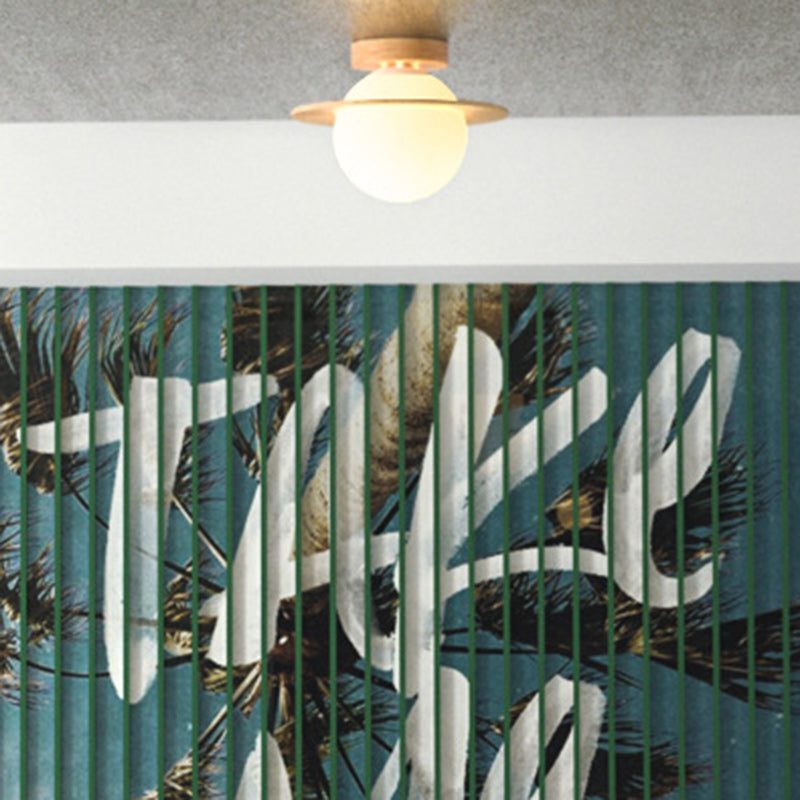 Traditional Japanese Glass Wood Planet Round 1-Light Semi-Flush Mount Lighting For Living Room