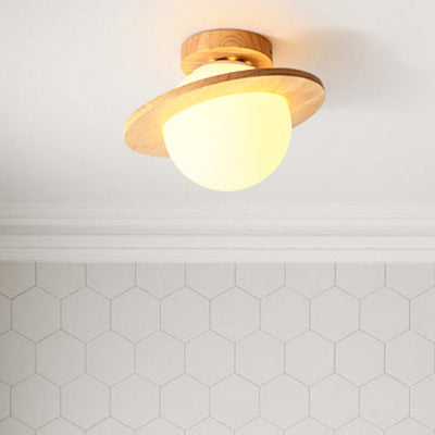 Traditional Japanese Glass Wood Planet Round 1-Light Semi-Flush Mount Lighting For Living Room