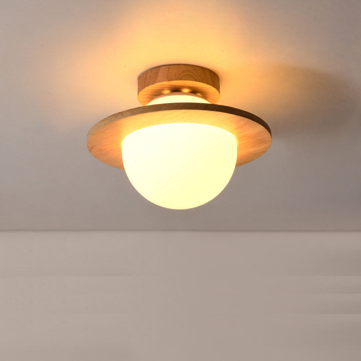 Traditional Japanese Glass Wood Planet Round 1-Light Semi-Flush Mount Lighting For Living Room