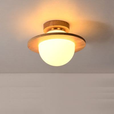 Traditional Japanese Glass Wood Planet Round 1-Light Semi-Flush Mount Lighting For Living Room