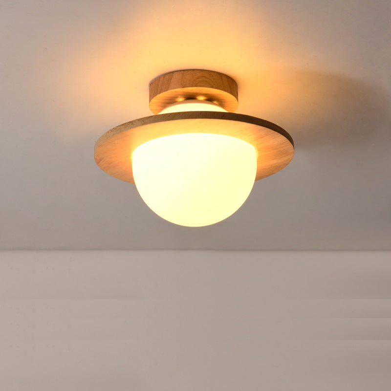 Traditional Japanese Glass Wood Planet Round 1-Light Semi-Flush Mount Lighting For Living Room