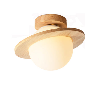 Traditional Japanese Glass Wood Planet Round 1-Light Semi-Flush Mount Lighting For Living Room