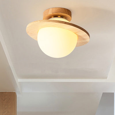 Traditional Japanese Glass Wood Planet Round 1-Light Semi-Flush Mount Lighting For Living Room