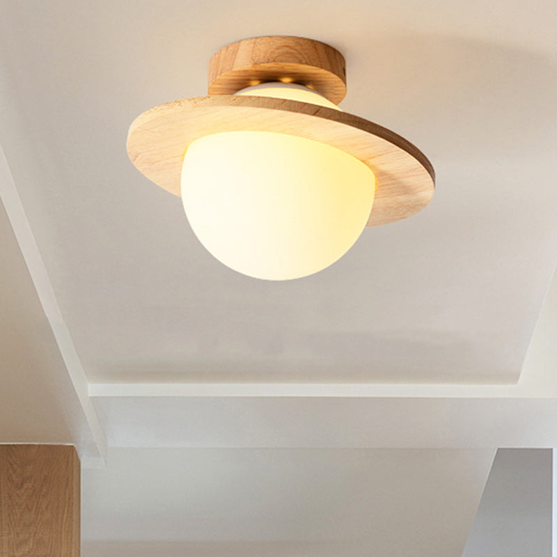 Traditional Japanese Glass Wood Planet Round 1-Light Semi-Flush Mount Lighting For Living Room