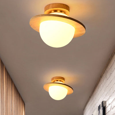 Traditional Japanese Glass Wood Planet Round 1-Light Semi-Flush Mount Lighting For Living Room