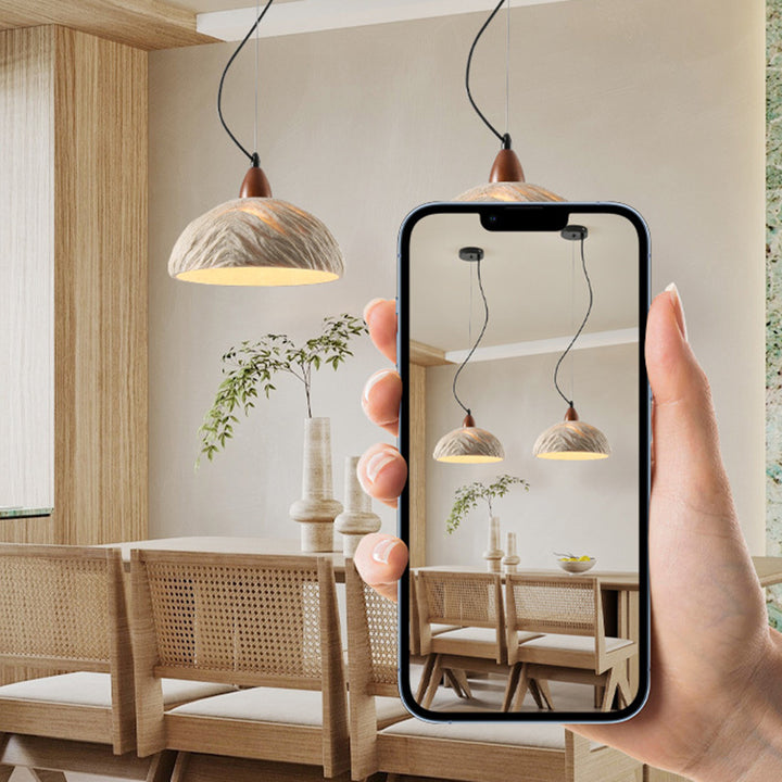 Lustre suspendu rond traditionnel vintage en pierre, bois et métal 1 lumière pour salon 