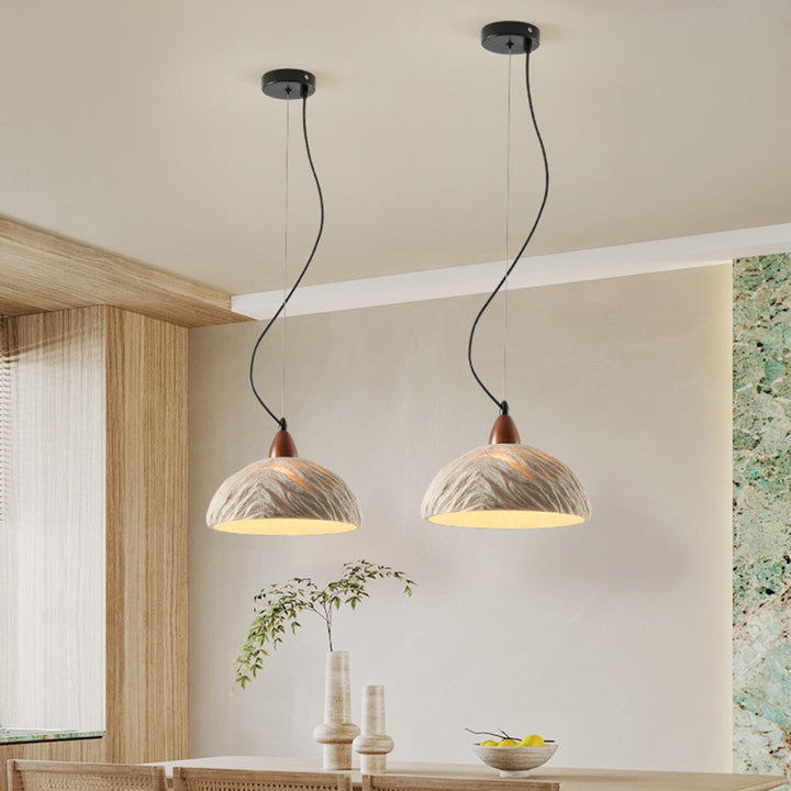 Lustre suspendu rond traditionnel vintage en pierre, bois et métal 1 lumière pour salon 