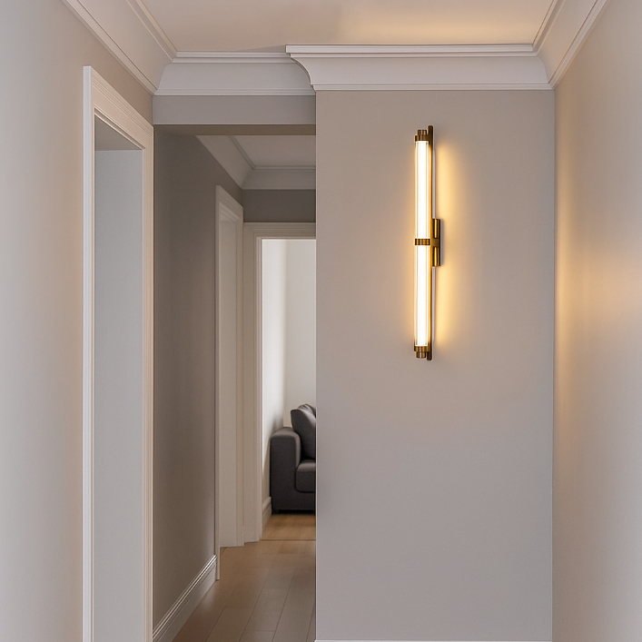 Zeitgenössische skandinavische Eisen-Glas-Rechteck-Zylinder-LED-Wandleuchte für das Wohnzimmer 