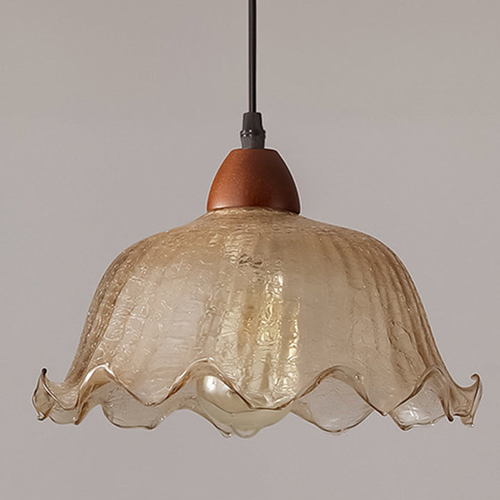 Suspension ronde à 1 lumière en verre traditionnel vintage, bois, métal, en forme de fleur, pour salon 