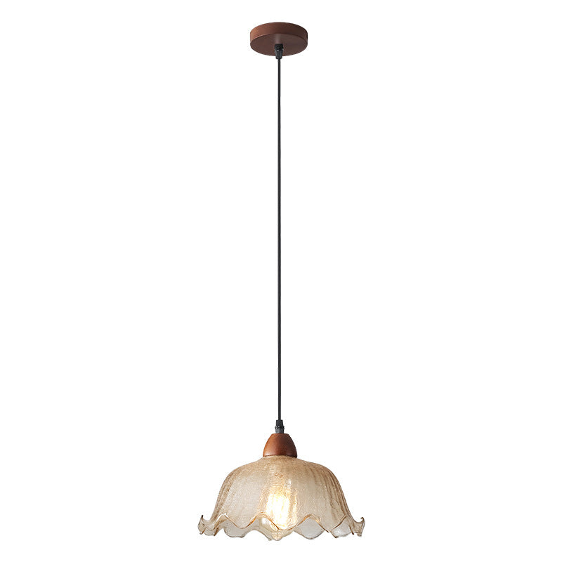 Suspension ronde à 1 lumière en verre traditionnel vintage, bois, métal, en forme de fleur, pour salon 