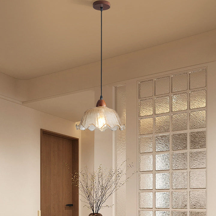 Suspension ronde à 1 lumière en verre traditionnel vintage, bois, métal, en forme de fleur, pour salon 