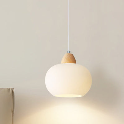 Contemporary Scandinavian Glass Solid Wood Persimmon Round 1-Light Pendant Light For Living Room