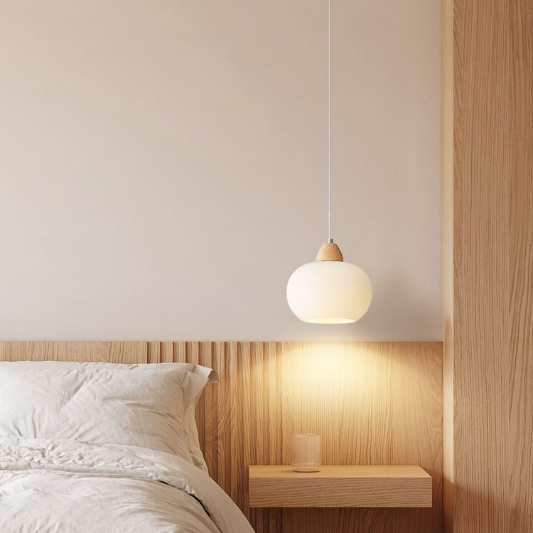 Contemporary Scandinavian Glass Solid Wood Persimmon Round 1-Light Pendant Light For Living Room